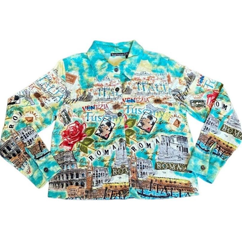Women French Postcards Sz M Art-to-Wear Italy Tuscany Terry Travel Bottom Shirt